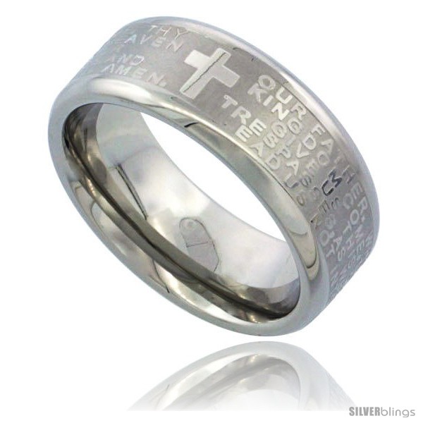 ... Steel 8mm Lord's Prayer Wedding Band Ring Bull nosed Edges Comfort-Fit