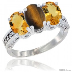 14K White Gold Natural Tiger Eye & Citrine Sides Ring 3-Stone 7x5 mm Oval Diamond Accent