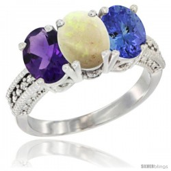 14K White Gold Natural Amethyst, Opal & Tanzanite Ring 3-Stone 7x5 mm Oval Diamond Accent