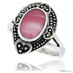 Sterling Silver Pear-shaped Ring, w/ 11 x 8 mm Oval-shaped Pink Mother of Pearl, 3/4 in (18 mm) wide