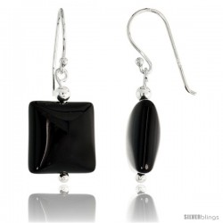 Sterling Silver Square Dangle Earrings, w/ Beads & Black Obsidian, 1 1/4" (32 mm) tall