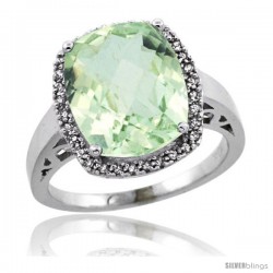 Sterling Silver Diamond Natural Green Amethyst Ring Ring 5.17 ct Checkerboard Cut Cushion 12x10 mm, 1/2 in wide