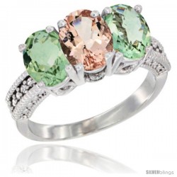 14K White Gold Natural Morganite & Green Amethyst Sides Ring 3-Stone 7x5 mm Oval Diamond Accent