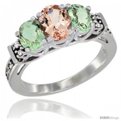 14K White Gold Natural Morganite & Green Amethyst Ring 3-Stone Oval with Diamond Accent