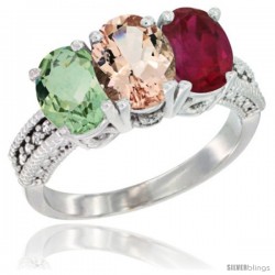 14K White Gold Natural Green Amethyst, Morganite & Ruby Ring 3-Stone 7x5 mm Oval Diamond Accent