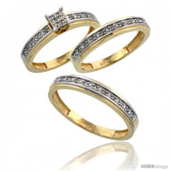 14k Gold 3-Piece Trio His (4mm) & Hers (4mm) Diamond Wedding Band Set, w/ 0.29 Carat Brilliant Cut Diamonds