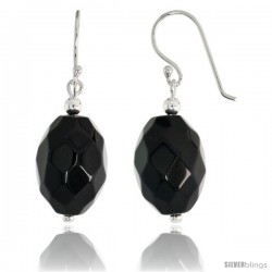 Sterling Silver Dangle Earrings, w/ Faceted Oval Black Obsidian, 1 3/8" (34 mm) tall