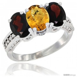 14K White Gold Natural Whisky Quartz & Garnet Sides Ring 3-Stone 7x5 mm Oval Diamond Accent