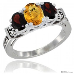 14K White Gold Natural Whisky Quartz & Garnet Ring 3-Stone Oval with Diamond Accent