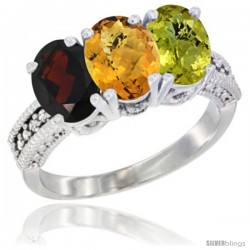 14K White Gold Natural Garnet, Whisky Quartz & Lemon Quartz Ring 3-Stone 7x5 mm Oval Diamond Accent