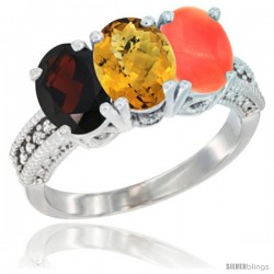 14K White Gold Natural Garnet, Whisky Quartz & Coral Ring 3-Stone 7x5 mm Oval Diamond Accent