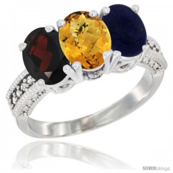 14K White Gold Natural Garnet, Whisky Quartz & Lapis Ring 3-Stone 7x5 mm Oval Diamond Accent