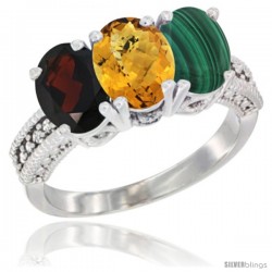 14K White Gold Natural Garnet, Whisky Quartz & Malachite Ring 3-Stone 7x5 mm Oval Diamond Accent