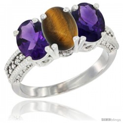 14K White Gold Natural Tiger Eye & Amethyst Ring 3-Stone 7x5 mm Oval Diamond Accent