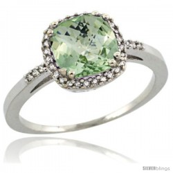 Sterling Silver Diamond Natural Green Amethyst Ring Ring 1.5 ct Checkerboard Cut Cushion Shape 7 mm, 3/8 in wide