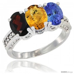 14K White Gold Natural Garnet, Whisky Quartz & Tanzanite Ring 3-Stone 7x5 mm Oval Diamond Accent