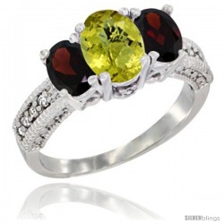 14k White Gold Ladies Oval Natural Lemon Quartz 3-Stone Ring with Garnet Sides Diamond Accent