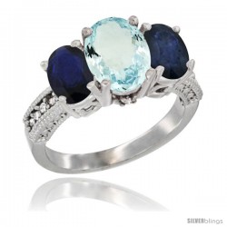 10K White Gold Ladies Natural Aquamarine Oval 3 Stone Ring with Blue Sapphire Sides Diamond Accent