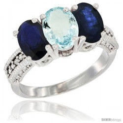 10K White Gold Natural Aquamarine & Blue Sapphire Ring 3-Stone Oval 7x5 mm Diamond Accent