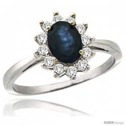 10k White Gold Diamond Halo Blue Sapphire Ring 0.85 ct Oval Stone 7x5 mm, 1/2 in wide