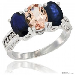 10K White Gold Natural Morganite & Blue Sapphire Ring 3-Stone Oval 7x5 mm Diamond Accent