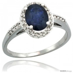 10k White Gold Diamond Blue Sapphire Ring Oval Stone 8x6 mm 1.17 ct 3/8 in wide