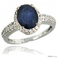 10k White Gold Diamond Blue Sapphire Ring Oval Stone 9x7 mm 1.76 ct 1/2 in wide