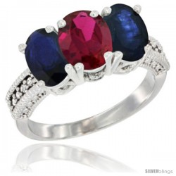 10K White Gold Natural Ruby & Blue Sapphire Ring 3-Stone Oval 7x5 mm Diamond Accent