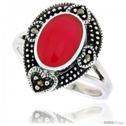 Sterling Silver Pear-shaped Ring, w/ 11 x 8 mm Oval-shaped Red Resin, 3/4 in (18 mm) wide