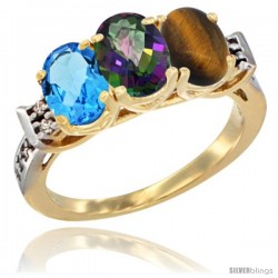 10K Yellow Gold Natural Swiss Blue Topaz, Mystic Topaz & Tiger Eye Ring 3-Stone Oval 7x5 mm Diamond Accent