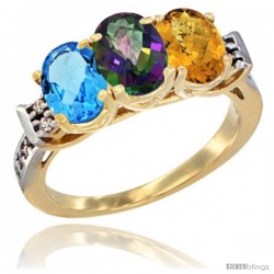 10K Yellow Gold Natural Swiss Blue Topaz, Mystic Topaz & Whisky Quartz Ring 3-Stone Oval 7x5 mm Diamond Accent