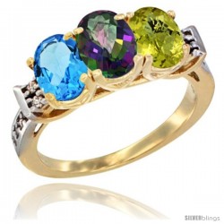 10K Yellow Gold Natural Swiss Blue Topaz, Mystic Topaz & Lemon Quartz Ring 3-Stone Oval 7x5 mm Diamond Accent