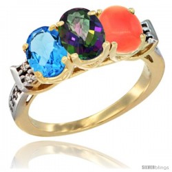 10K Yellow Gold Natural Swiss Blue Topaz, Mystic Topaz & Coral Ring 3-Stone Oval 7x5 mm Diamond Accent