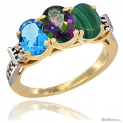 10K Yellow Gold Natural Swiss Blue Topaz, Mystic Topaz & Malachite Ring 3-Stone Oval 7x5 mm Diamond Accent