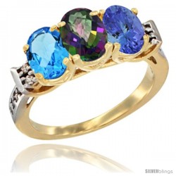 10K Yellow Gold Natural Swiss Blue Topaz, Mystic Topaz & Tanzanite Ring 3-Stone Oval 7x5 mm Diamond Accent