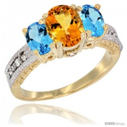 10K Yellow Gold Ladies Oval Natural Citrine 3-Stone Ring with Swiss Blue Topaz Sides Diamond Accent