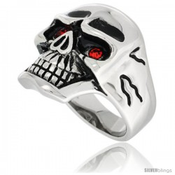 Surgical Steel Biker Skull Ring w/ Red CZ Eyes Cracks on the Sides