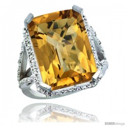 Sterling Silver Diamond Natural whisky Quartz Ring 14.96 ct Emerald Shape 18x13 Stone 13/16 in wide