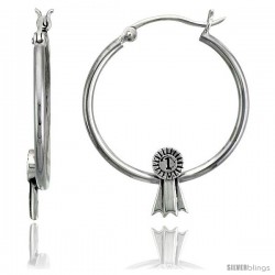 Sterling Silver First Place Ribbon Hoop Earrings, 1 1/4" (32 mm)