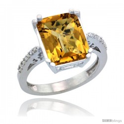 Sterling Silver Diamond Natural whisky Quartz Ring 5.83 ct Emerald Shape 12x10 Stone 1/2 in wide