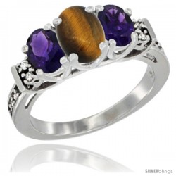 14K White Gold Natural Tiger Eye & Amethyst Ring 3-Stone Oval with Diamond Accent