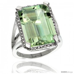 Sterling Silver Diamond Green-Amethyst Ring 14.96 ct Emerald Shape 18x13 mm Stone, 13/16 in wide