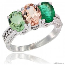 14K White Gold Natural Green Amethyst, Morganite & Emerald Ring 3-Stone 7x5 mm Oval Diamond Accent