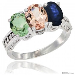 14K White Gold Natural Green Amethyst, Morganite & Blue Sapphire Ring 3-Stone 7x5 mm Oval Diamond Accent