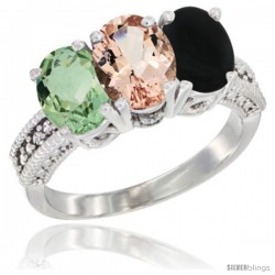 14K White Gold Natural Green Amethyst, Morganite & Black Onyx Ring 3-Stone 7x5 mm Oval Diamond Accent