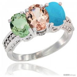 14K White Gold Natural Green Amethyst, Morganite & Turquoise Ring 3-Stone 7x5 mm Oval Diamond Accent