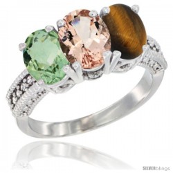 14K White Gold Natural Green Amethyst, Morganite & Tiger Eye Ring 3-Stone 7x5 mm Oval Diamond Accent