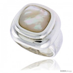 Sterling Silver Ladies' Ring w/ a Square-shaped Mother of Pearl, 13/16" (20 mm) wide