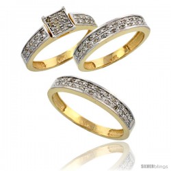 14k Gold 3-Piece Trio His (4mm) & Hers (4mm) Diamond Wedding Band Set, w/ 0.34 Carat Brilliant Cut Diamonds