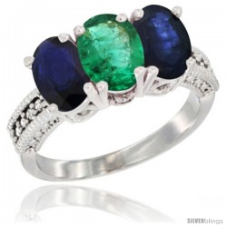 10K White Gold Natural Emerald & Blue Sapphire Ring 3-Stone Oval 7x5 mm Diamond Accent